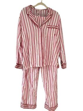 Victoria’s Secret Pink White Striped Pajama Set Long Sleeve Button Down Sleep